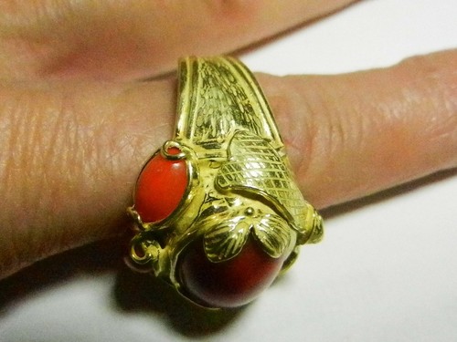 18K YELLOW GOLD Overlay Fancy Carnelian Cabochon RING size 8-Made in Italy - Picture 11 of 12