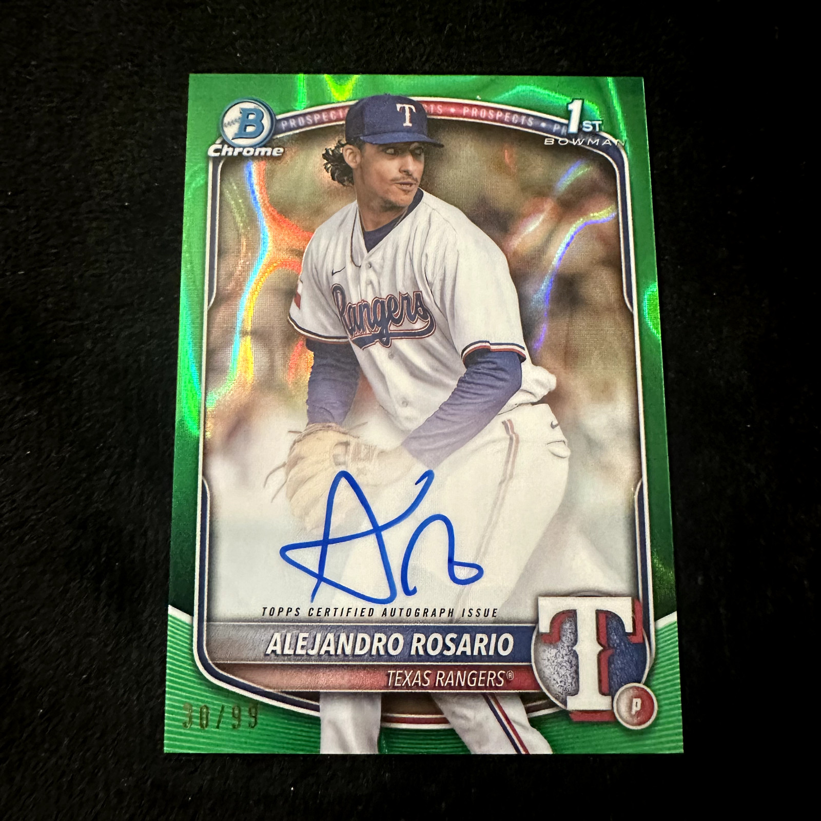 2025 Bowman Chrome 1st Auto Alejandro Rosario Rangers Green Lava /99