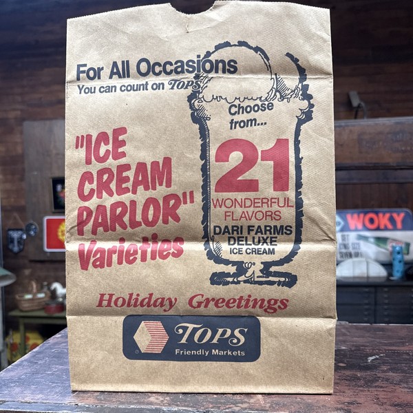 Bolsa de papel vintage Tops Friendly Markets tienda de comestibles publicidad helado