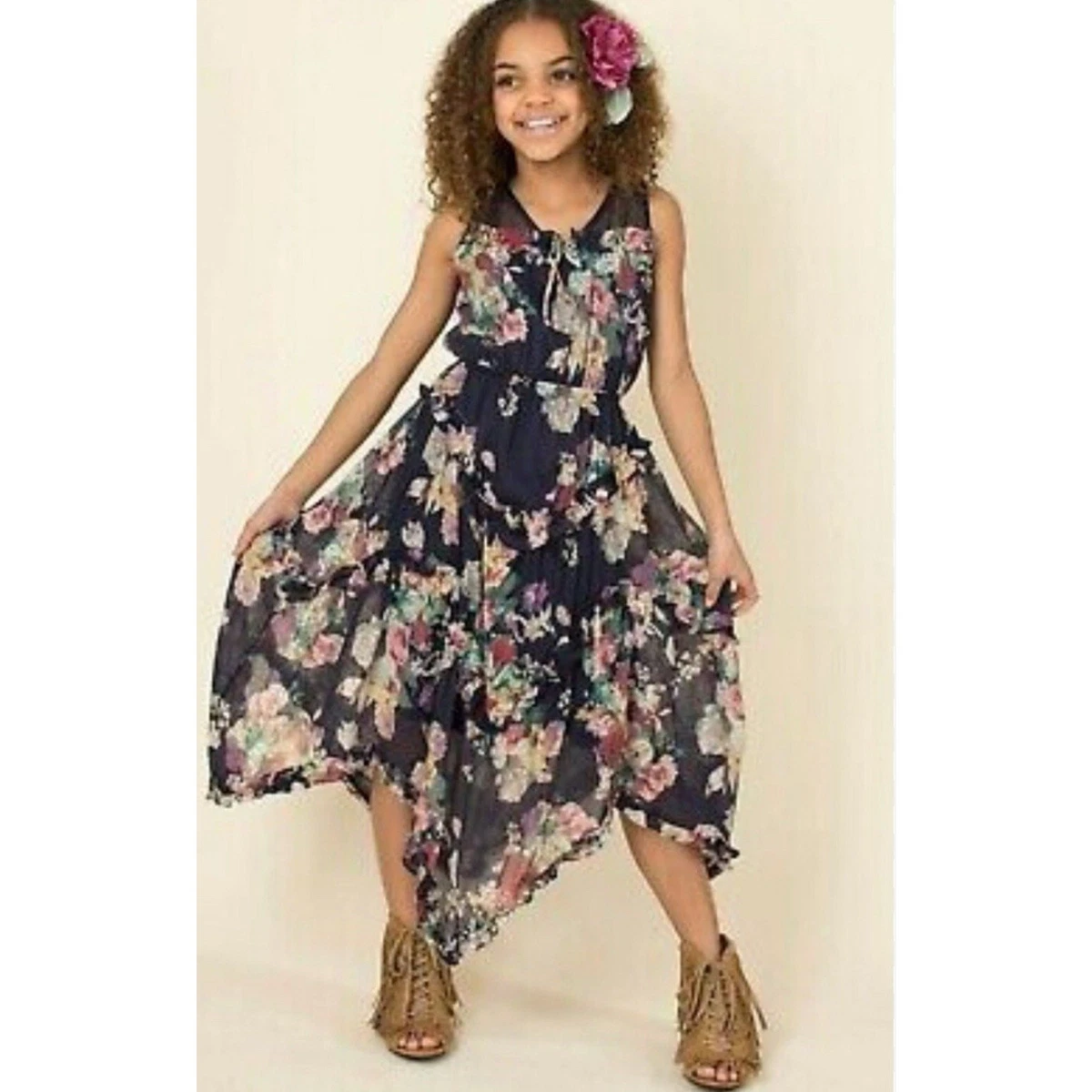 chinese dress ladies Kid Girl Ruffled Boho Casual Maxi Dress with Pockets Blue
