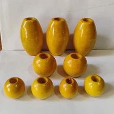Vintage Yellow Wood Craft Beads for Macrame; Jewelry; Crafting Lot Of 9 Retro