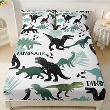 Dinosaur Fitted Sheet Set, Black and Green Dinosaur Bed Sheet Set, Soft Fitte...
