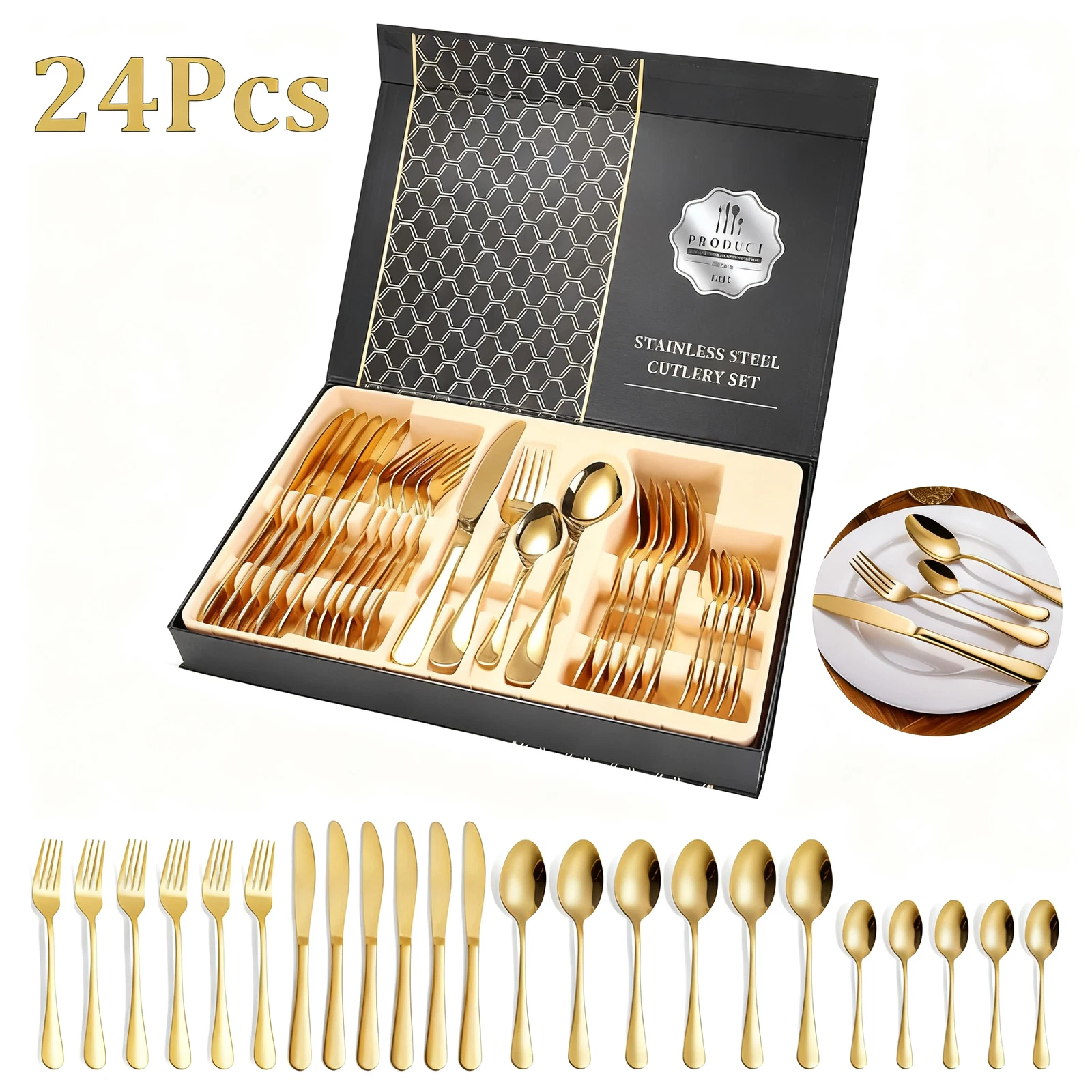 24Pcs Flatware Cutlery Set Stainless Steel Knife Fork Spoon New