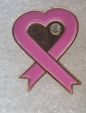 PINK RIBBON DAY  Enamel Pin   Breast Cancer Awareness  Jewelled Heart  20 x 15mm