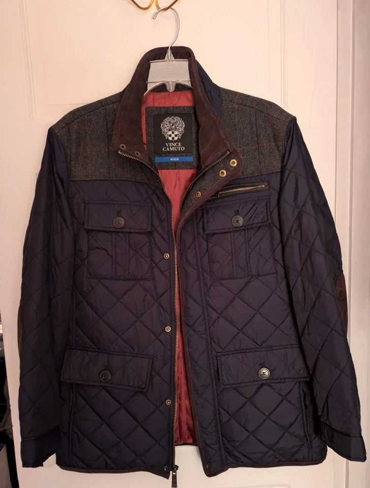 Vince Camuto Jacket Mens MED Navy Blue Quilted Nylon Wool Corduroy Elbow Patch  - Image 4 of 4