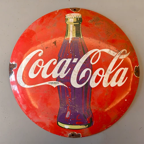 Vintage Coca-Cola Round Porcelain Sign Bottle Logo Gas Station Worn 12 inches