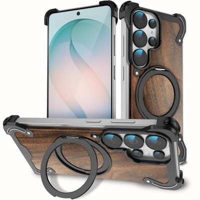 Magnetic Aluminum Metal Rimless Real wood StandCaseFor Samsung S26 S25 S24 Ultra