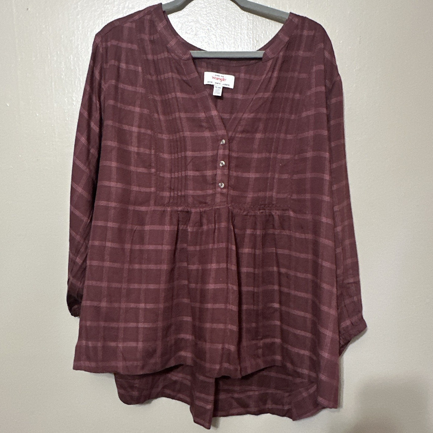 Wrangler Burgundy  XXL Woven Viscose Plaid V-Neck Long Sleeve Button Tunic