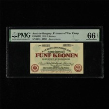 1916 Austria-Hungary Prisoner of War Camp 5 Kronen PMG 66 EPQ Gem UNC