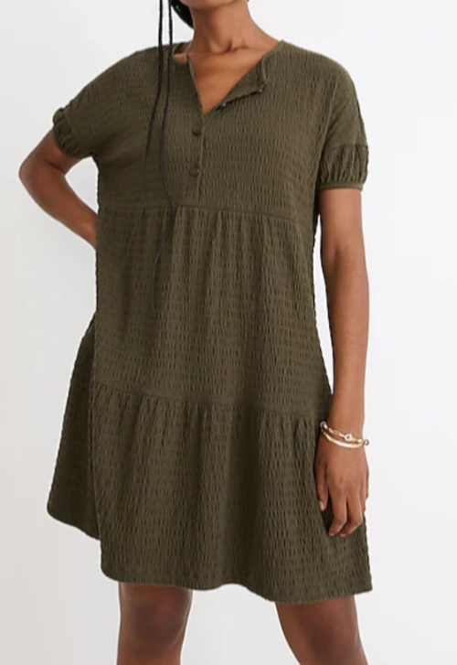 Madewell Tiered Cotton Knit Dress M Olive Green Henley Boho Casual Crinkle  NWT