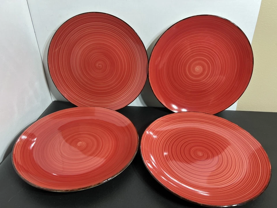 Juego de 4 platos de cerámica para cena Royal Norfolk de 10 1/2" rojo remolino borde marrón Foto 2 de 4