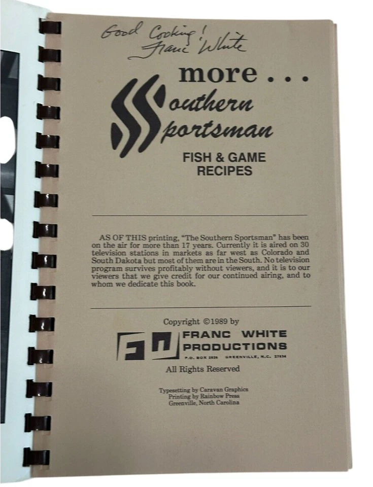 VTG more Southern Sportsman Fish & Game Recipes SIGNED Franc White Cookbook 1989 Foto 3 de 4