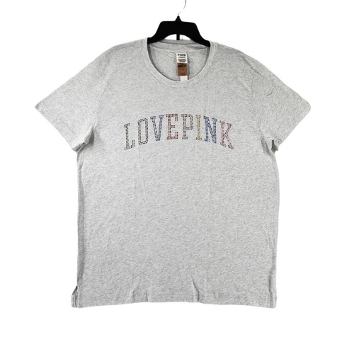 NEW Victoria's Secret PINK Campus Tee Shirt XL Gray Rhinestones Love