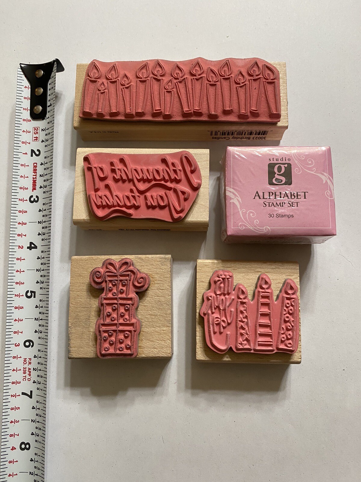 Wooden Rubber 5 Stamp Lot Birthday Alphabet Candles Card Making