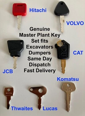 Genuine Master Plant 7 Key Set fits JCB Komatsu Volvo Thwaites CAT Hitachi Lucas