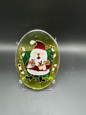Vtg SANTA CLAUS Oval Stained Glass Hanging Sun Catcher Christmas Decoration