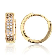 Double 2 Row Round Cut Pave CZ Huggie Hoop Earrings Real 14K Yellow Gold