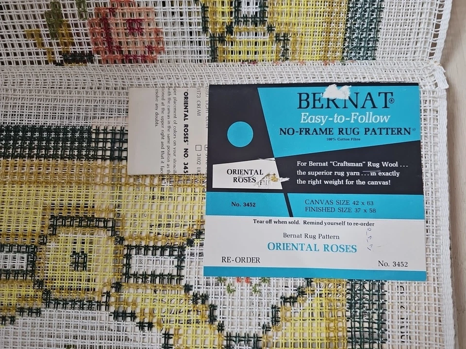 Bernat Latch Hook Rug No-Frame Pattern Oriental Roses #3452 NEW Old Stock 37x58 - Image 2 of 4