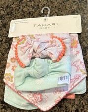 Tahari Baby Gift Set 2 Headbands With Bows 2 Bandana Bibs Green Pink Floral Gold