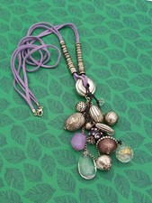 Beautiful Bohemian Silver Tone & Purple Beaded Cluster Pendant Necklace