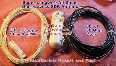 NEW! 50' LONGWIRE  SW=MW  ANTENNA 9:1 BALUN WITH 30'COAX!  LISTEN TO THE WORLD!