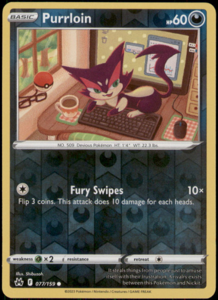 Pokemon -Purrloin - 077/159   -  Reverse Holo - Crown Zenith  - NM/M
