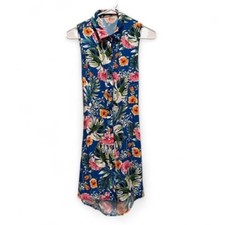 Bershka Blue Colorful Floral Mini Collared Button Down Dress Sz Small