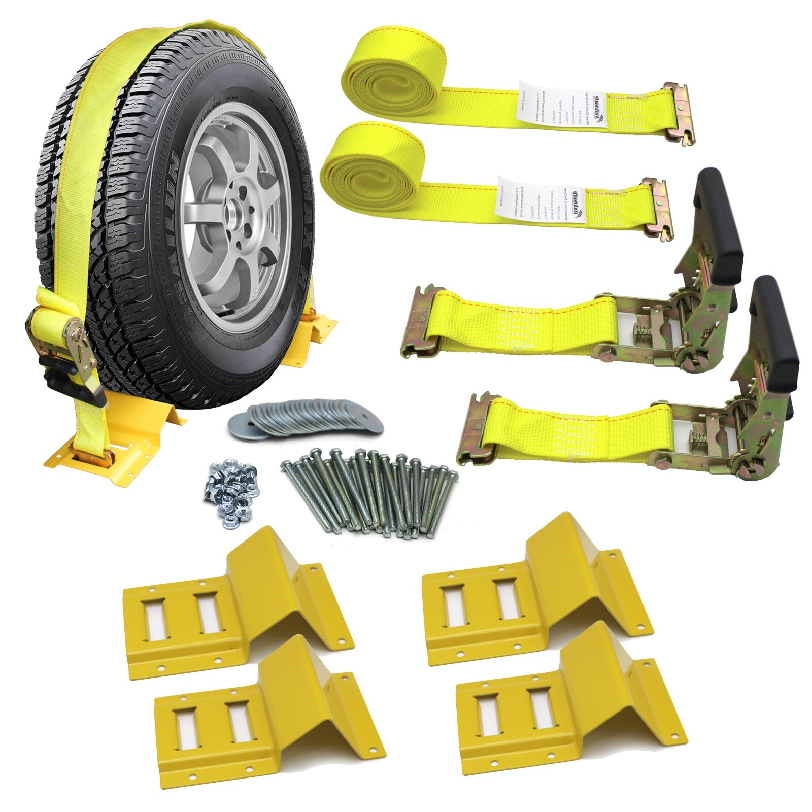 2 Wheel Chock Trailer Tire Strap Kit Tie Down Straps Towing System for