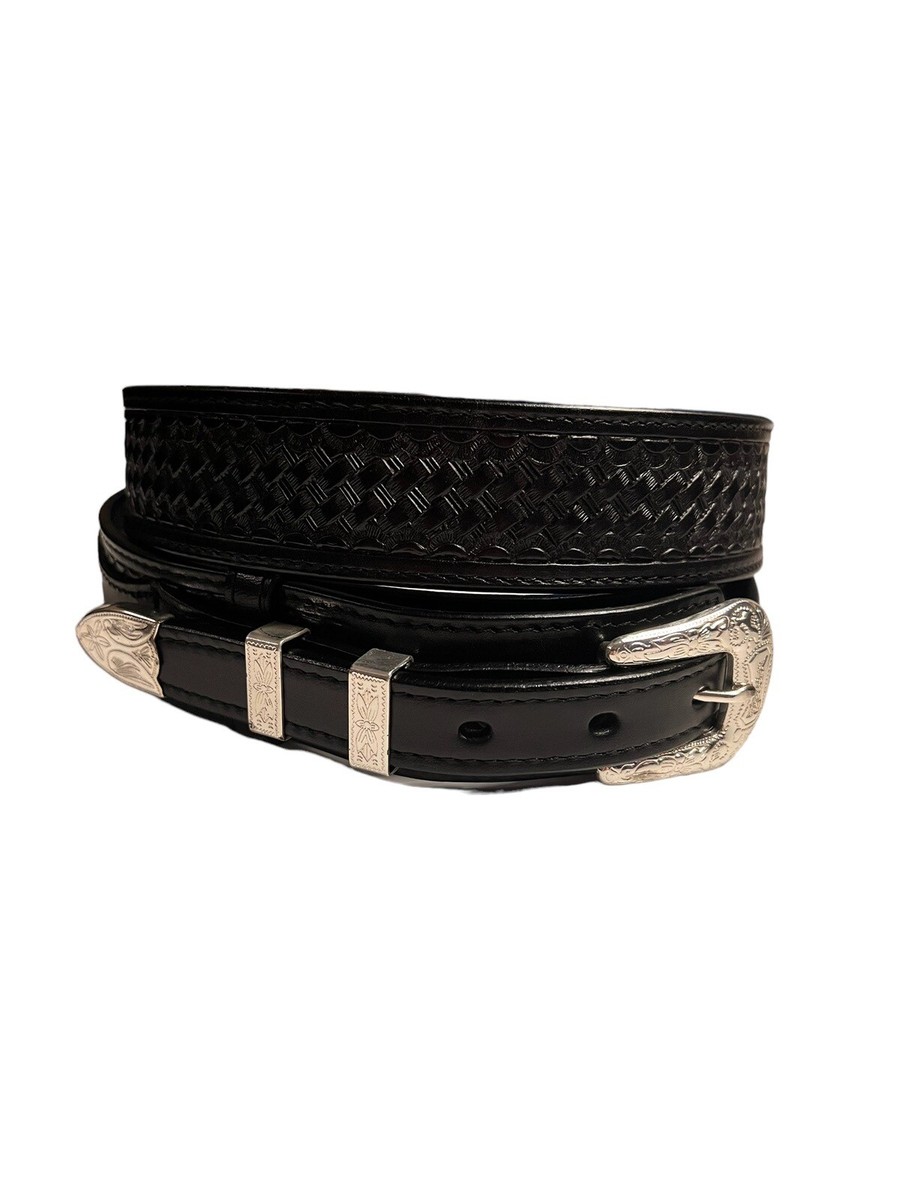 Mens Leather Ranger Belt Western Basket Weave Tooled Black  display picture 3