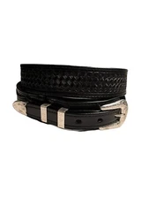 Thick Leather Ranger Belt Western Basket Weave Tooled Black Strap Belts w Snaps