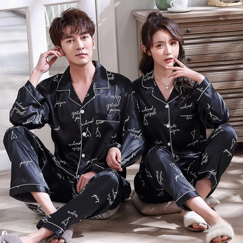 Couple Silk Satin Pajamas Set Men Women Sleepwear Unisex Long