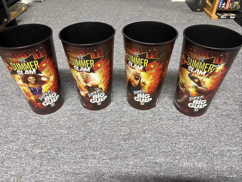 WWE 7-ELEVEN SUMMERSLAM Super BIG GULP CUPS Eve Edge Kofi Big Show 2010 Lote de 4 Foto 2 de 3