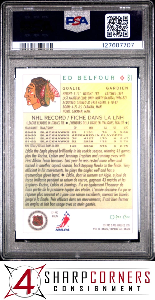 1992 O-PEE-CHEE #81 ED BELFOUR BLACKHAWKS HOF POP 6 PSA 10 - Image 2 of 2