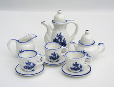 MINIATURE TEA SET - BLUE  WHITE WINDMILL DANISH DESIGN - 6 PIECES - PORCELAIN