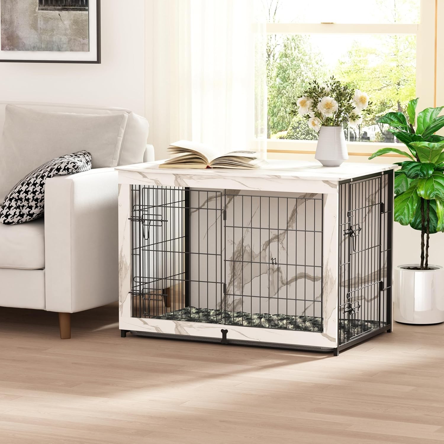 Stylish Wooden Dog Crate End Table with Cushion & Double Doors  