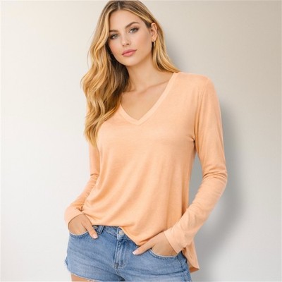 New Grey Lab Anthropologie M Rose Cotton V Neck Long Sleeve Tee Soft Relaxed