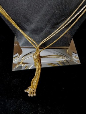 Vtg Silky Gold Tone Lariat Knot Tassel Chain Fringe Necklace Triple Strand 23 In