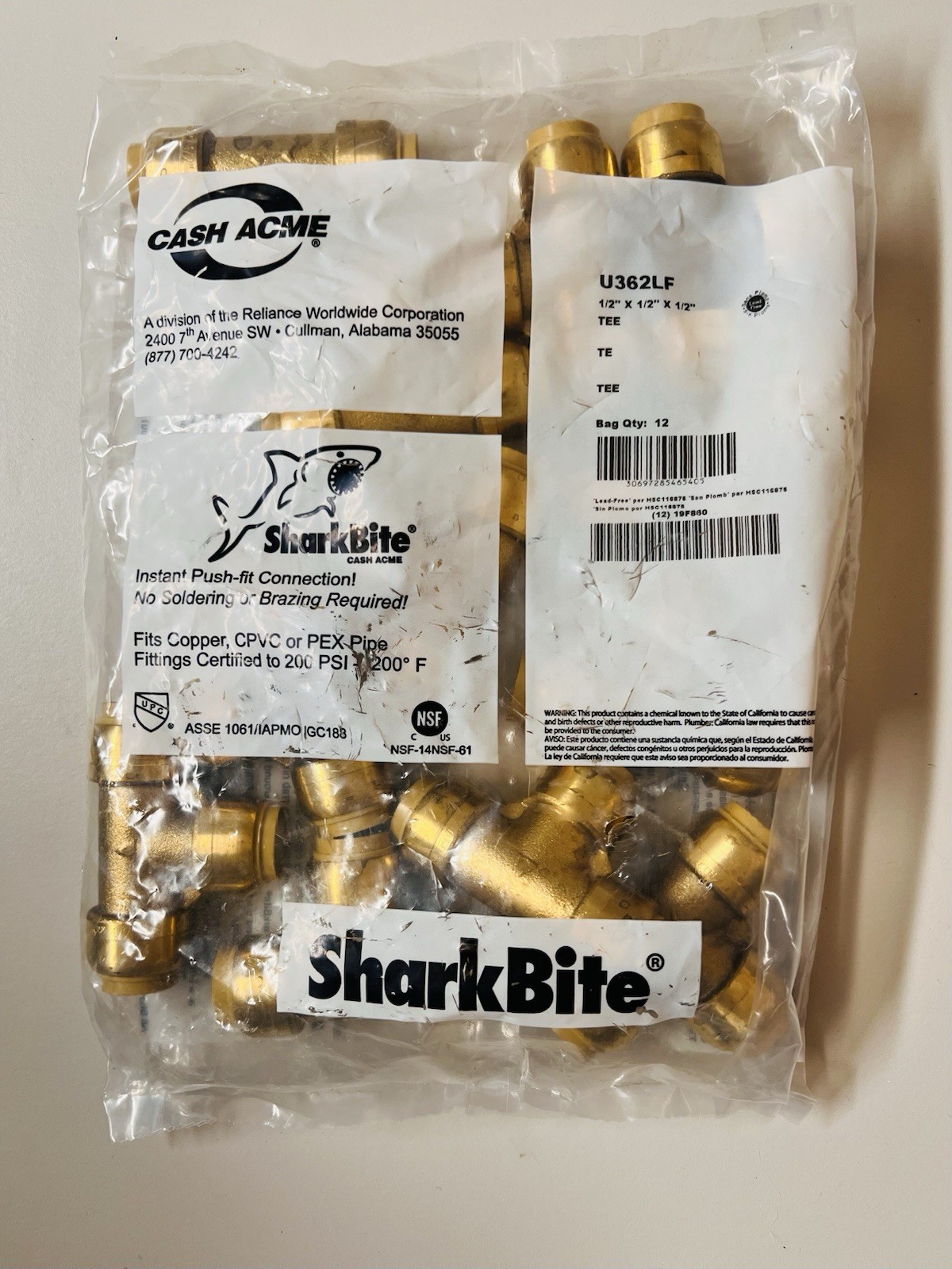 Lot 12 SharkBite U362LF • 1/2" Push To Connect Tee Fittings Lead Free • 12 Pack