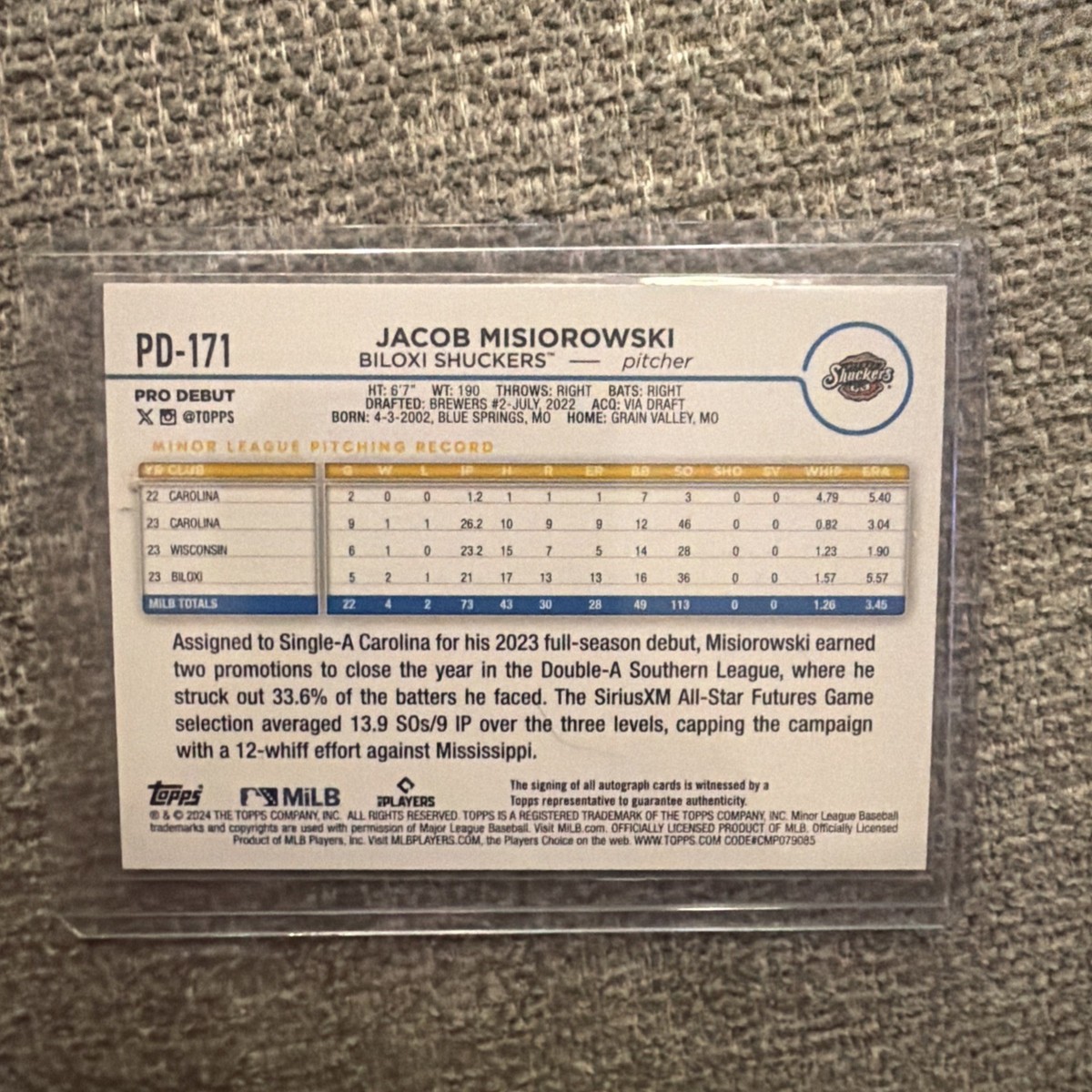 Jacob Misiorowski 2024 Topps Pro Debut Autographs #PD-171 Shuckers