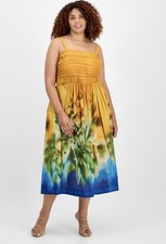 Tahari Asl Plus Size Printed Cotton Sleeveless MIDI Dress - Mustard/Haze
