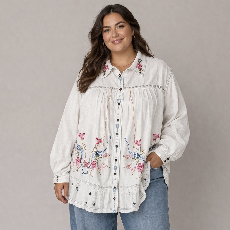 Pilcro Shirt Womens 1X White Embroidered Floral Button Front Tunic Boho Plus