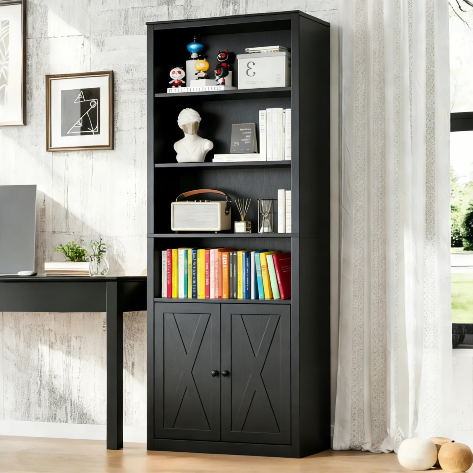 6-Tier Open Bookshelf with Doors,Farmhouse Bookcase Wood Tall Bookshelf, Black