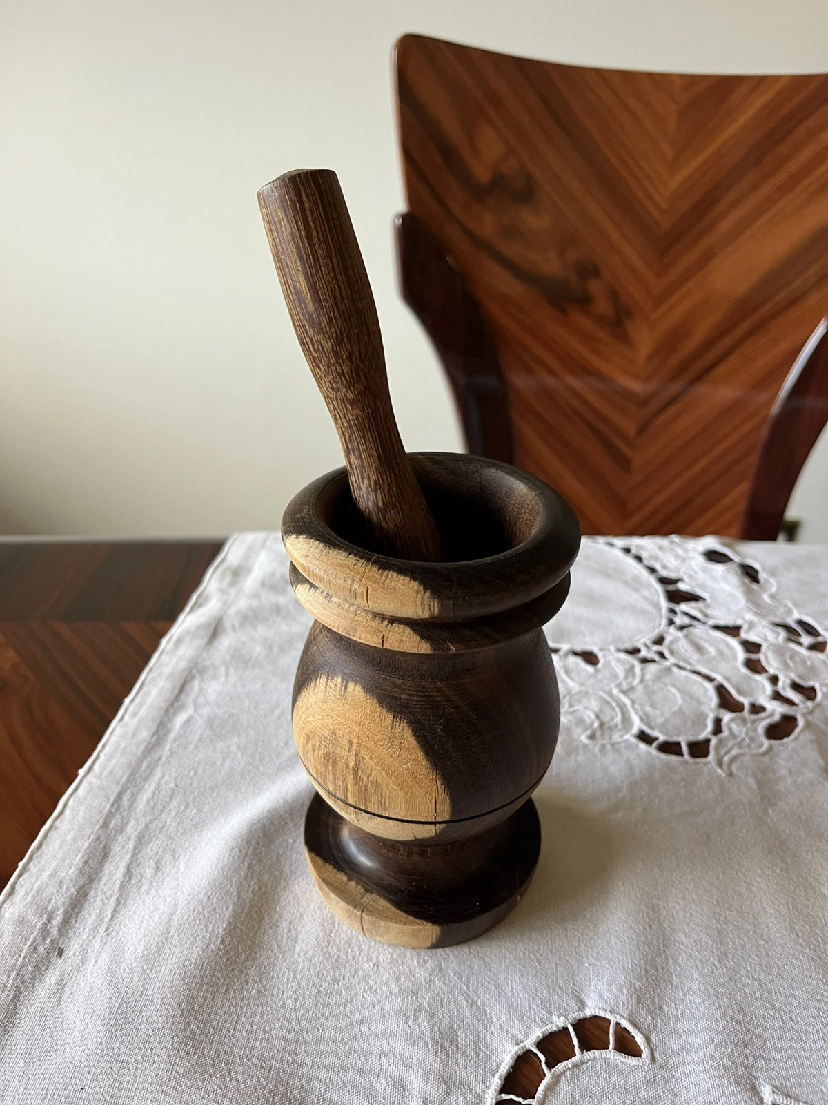 cute new without tag unused wood wooden mortar & pestle dark & light brown