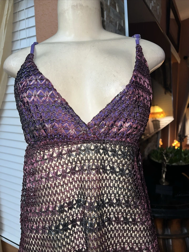RITCHIE SWIMWEAR PURPLE SILVER Metallic CROCHET TRANSPARENT COVEROUP SZ LG scx - Image 2 of 4