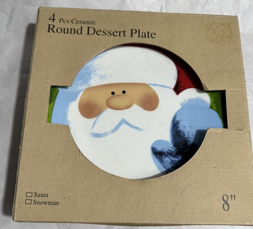 4 pc ceramic 8" round Dessert Plate Cute Santa Christmas Seasonal Plates NIB - 第 6/6 張圖片
