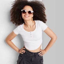 Wild Fable Cropped T-Shirt Women XXS Ribbed Snap-Henley Scoop Neck White