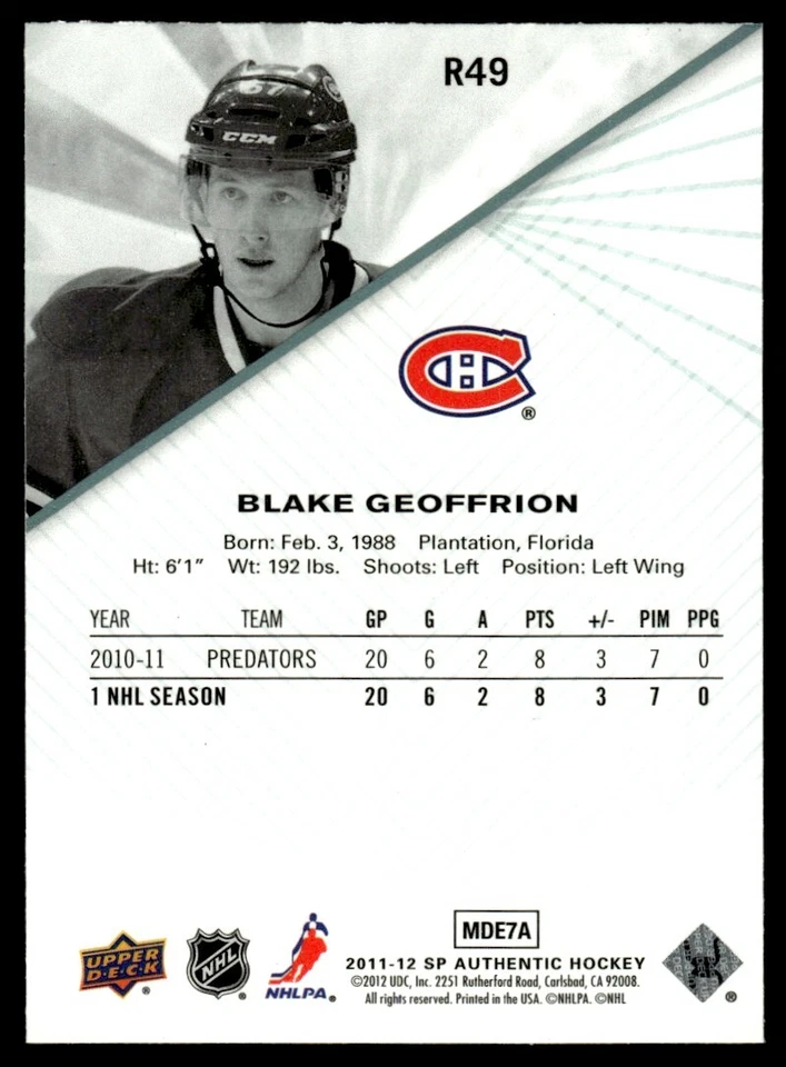 2011-12 SP Authentic Rookie Extended Blake Geoffrion Montreal Canadiens #R49 . - Image 2 of 2