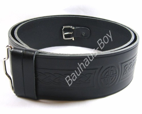 CINTURA KILT PELLE NERA GOFFRATA NODO CELTICO misure 30" - 48" by GLENESK MADE UK - Foto 1 di 3