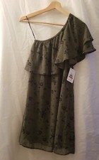 Kensie Shift Dress Women XS Green Black Floral Print One Shoulder Pullover Lined