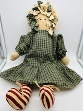 Primitive Handmade Cloth Doll Green Gingham Dress Folk Art 1980s Country 21 Inch